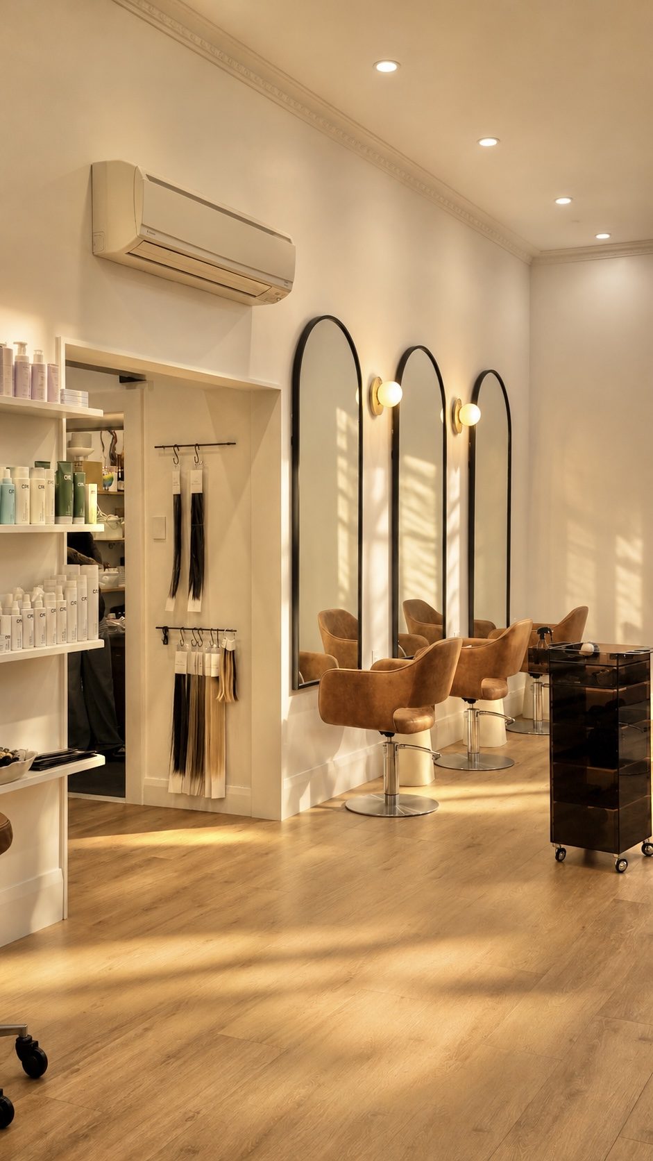 Arched mirrors, tan leather styling chairs and the CPR Hair product shelves inside the salon
